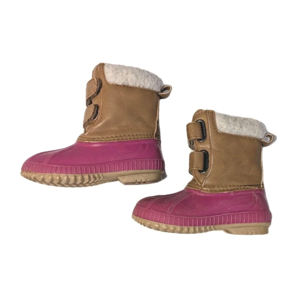 Gap Kids Girl 7/8T Waterproof Duck Boots 3M Thinsulate 200g Hook Loop Brown Pink